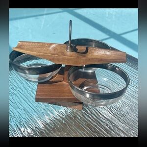 Vernco Gunstock Vintage 70's Walnut Wood Glass Serving‎ Condiment Lazy Susan